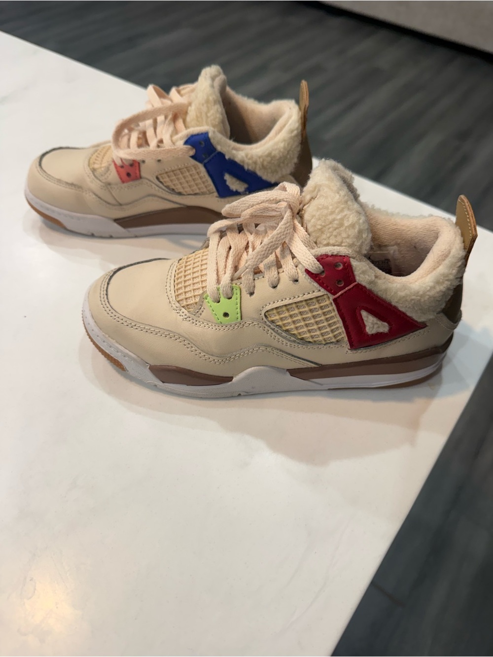 Nike Jordan Beige Kids Sneakers with Red, Blue and Neon Green Accents